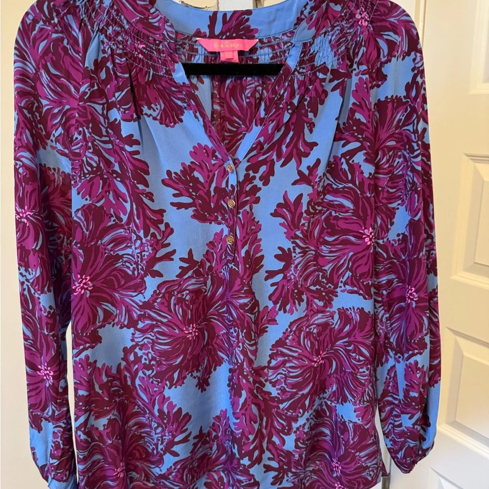 Lilly Pulitzer Elsa Blue, Pink and Burgundy Floral Blouse - Picture 1 of 3